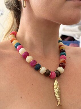 Women's Colorful Beaded Sun Fish Necklace Boho Festival Charm Choker Jewelry